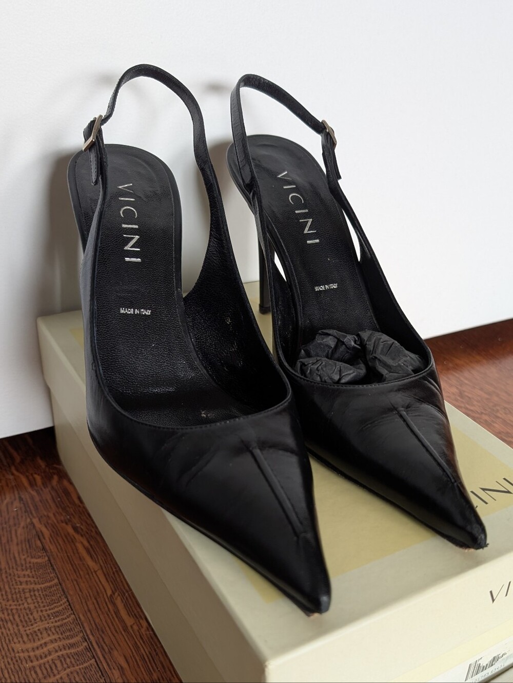 Vintage Vicini Black Leather Slingback Heels Pointed Toe Size 39 8.5